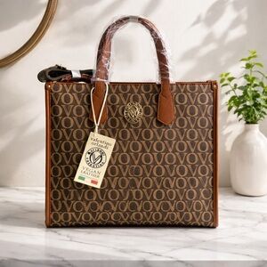 Valentino Orlandi Logo Patterned Large Tote in Brown and Tan